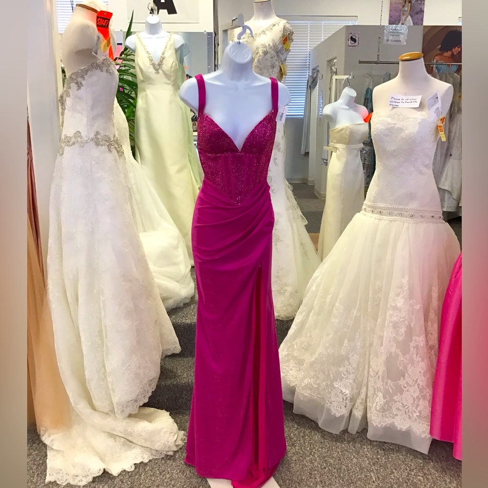 Portia and Scarlett Fuchsia Beaded Spaghetti-Strap Prom Dress